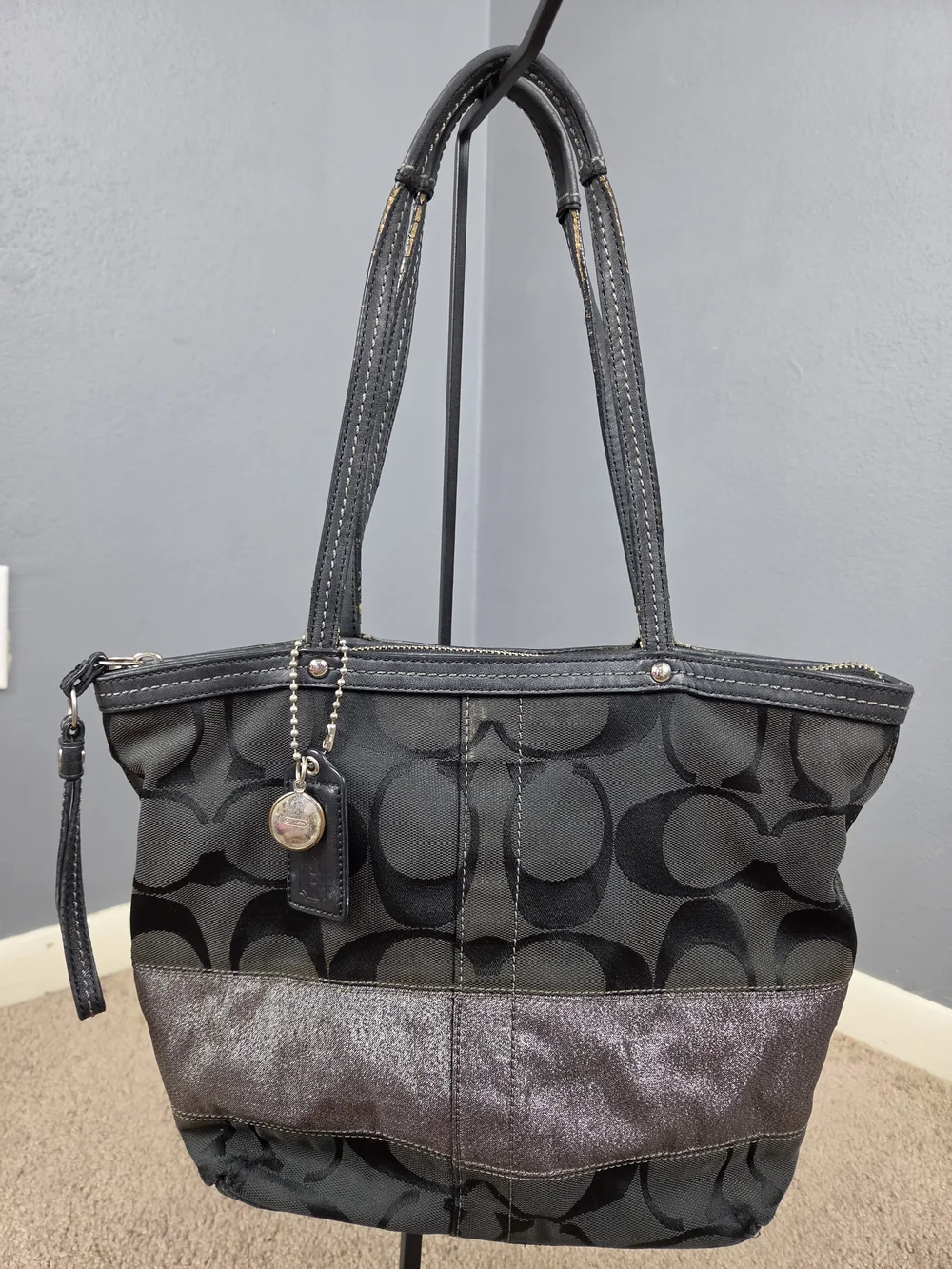 Coach Black Signature Tote with Metallic Accent
